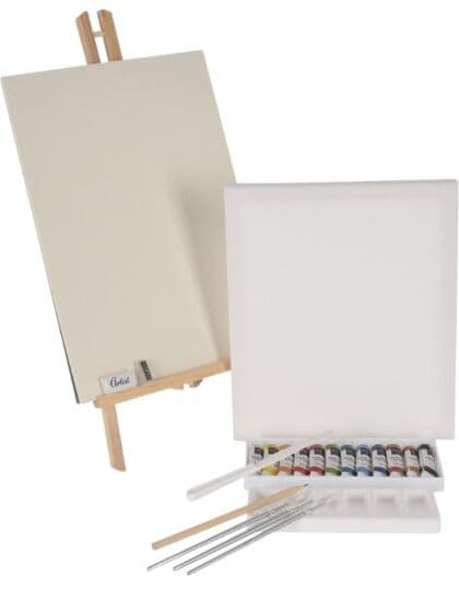 Malesett med staffeli, akrylmaling, pensler og lerret - 23 deler