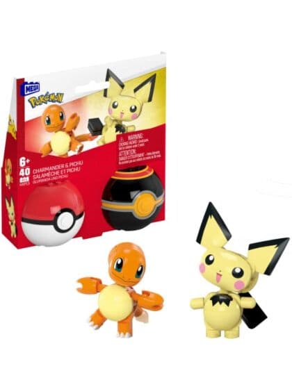 Mega Pokemon Pokeball 2-pakke - Charmander og Pichu byggesett med 40 klosser