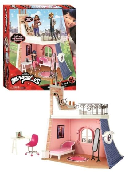 Miraculous Marinettes 2-i-1 lekesett - soverom og balkong med tilbehør - 60 cm - kompatibel med dukker 26 cm