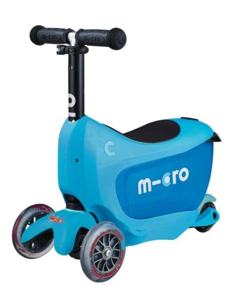 Micro Mini2go Deluxe Blue sparkesykkel for barn 18 mnd-5 år - med sete og lagringsplass