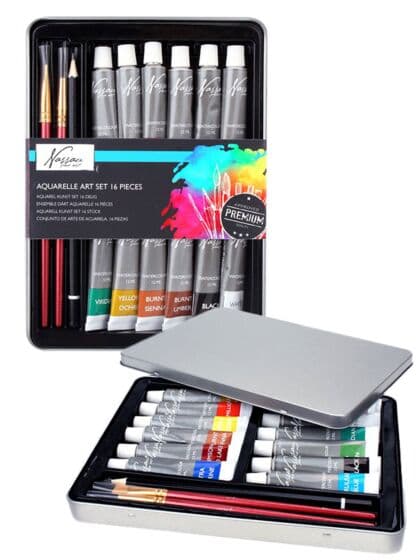 Nassau Fine Art akvarellsett - akvarellfarger, koster og blyant - 16 deler