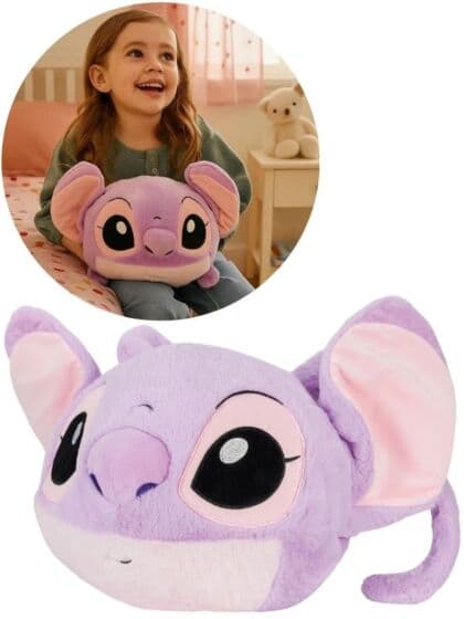 Noxxiez 3-i-1 Disney Stitch Angel - bamse, håndvarmer og pute - 35 cm