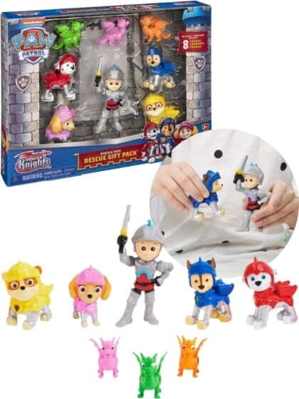 PAW Patrol Rescue Knights figursett - Ryder med 4 valper og 3 mini-drager - 8 figurer