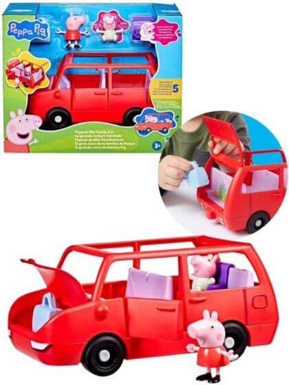 Peppa Gris lekesett med rød familiebil og 2 figurer