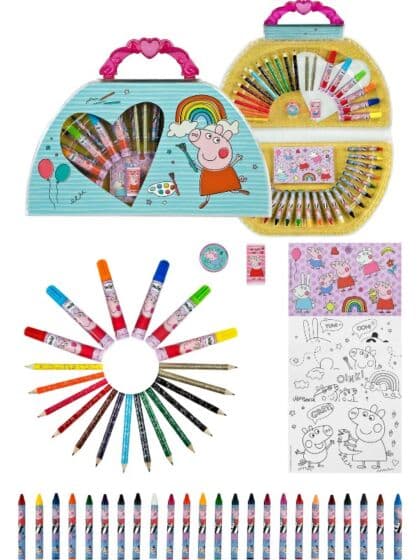 Peppa Gris fargeleggingskoffert med tusjer, fargestifter, klistremerker og mer - 51 deler
