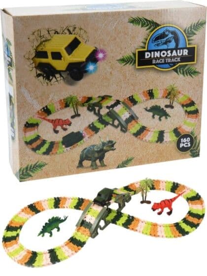 Racerbane med dinosaur – fleksibel bane og bil med lys, 160 deler