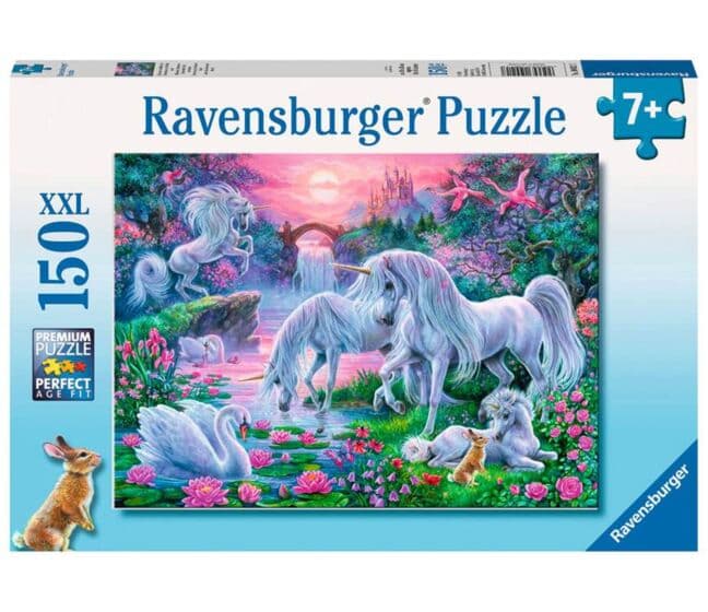 Ravensburger XXL puslespill 150 brikker - enhjørninger ved elven med rosa himmel