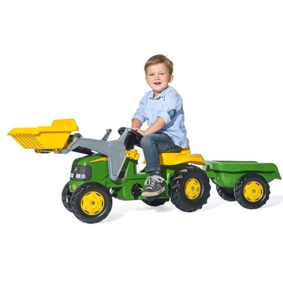 Rolly Toys rollyKid: John Deere tråtraktor med frontlaster og tilhenger - fra 2-5 år