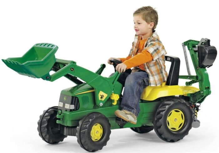 Rolly Toys rollyJunior: John Deere tråtraktor med frontlaster og gravearm med støttefot