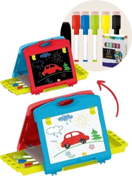 Tosidig tegnetavle med whiteboard og blackboard - tegnebrett og spill med kritt, tusjer og spillebrikker inkludert