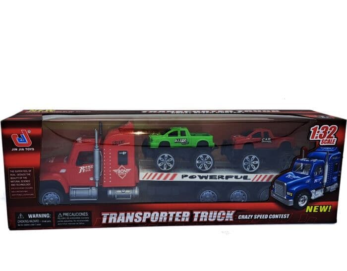 Friksjonsdrevet transporter lastebil i rød med 2 pick-up lekebiler - 38 cm lang
