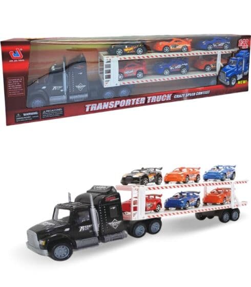 Friksjonsdrevet transporter lastebil i sort med 6 lekebiler - 57 cm lang