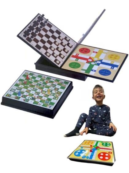 4-i-1 Klassisk brettspill: sjakk, dam, ludo og slange & stige – komplett familiesett