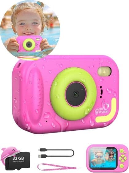 KIDS vanntett kamera med 1080p HD-video og 32 GB SD-kort - rosa