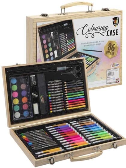 Grafix tegne- og malekoffert i tre med tusjer, fargeblyanter, vannmaling og mer - 86 deler