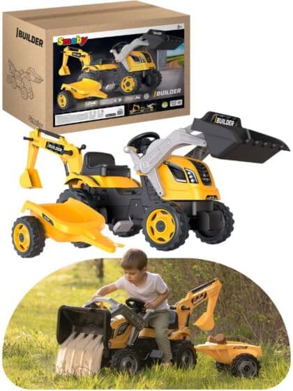 Smoby Builder Max tråtraktor med tilhenger - stor traktor med gravearm og skuff - fra 3 år