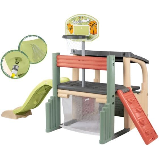 Smoby Fun Center lekehus med basketballnett, fotballmål og sklie