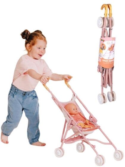 Smoby Baby Nurse sammenleggbar dukkevogn - oransje og rosa