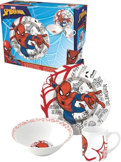 SpiderMan frokostsett i keramikk - skål, tallerken og kopp
