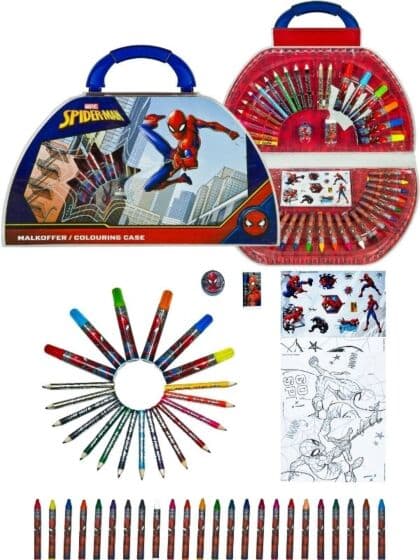 SpiderMan tegnekoffert med tusjer, fargestifter, klistremerker og mer - 51 deler