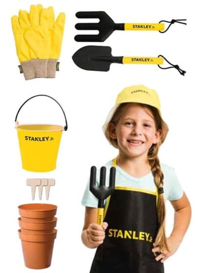 Stanley hageredskaper i metall til barn - hansker, spade, lukeklo, bøtte, potter og markører - gul