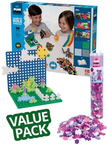 Plus Plus basic Lær å bygge - byggesett med 1200 brikker og 4 byggeplater - med Glitter tube med 240 brikker