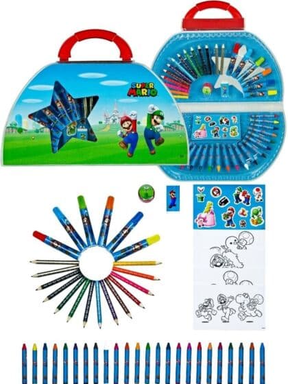 Nintendo Super Mario tegnekoffert med tusjer, fargestifter, klistremerker og mer - 51 deler