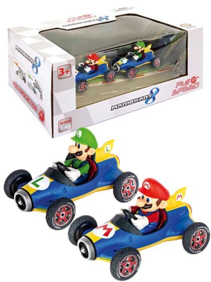 Nintendo Mario pullback kjøretøy - 2-pakning med Mario og Luigi - 1:43 skala