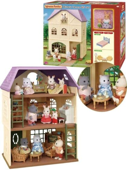 Sylvanian Families Wisteria Terrace 2-etasjers hus med figurer og møbler