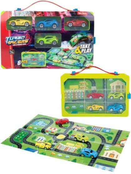 TURBO RACERS bilkoffert - oppbevaring med 4 biler og lekematte
