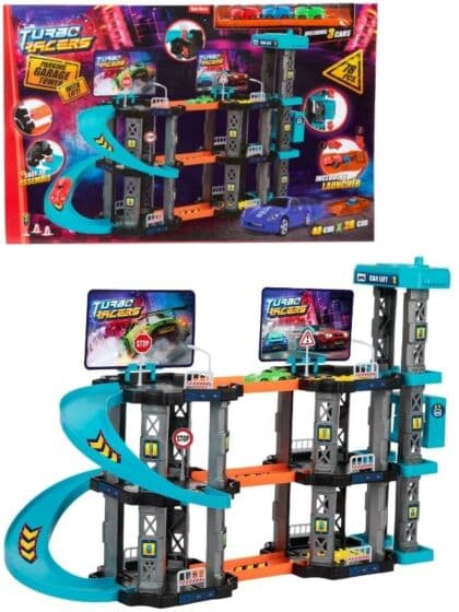 TURBO RACERS parkeringshus med heis, utskyter og 3 biler