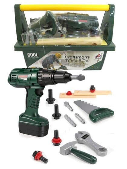 Verktøykasse - med elektrisk drill, sag og hammer