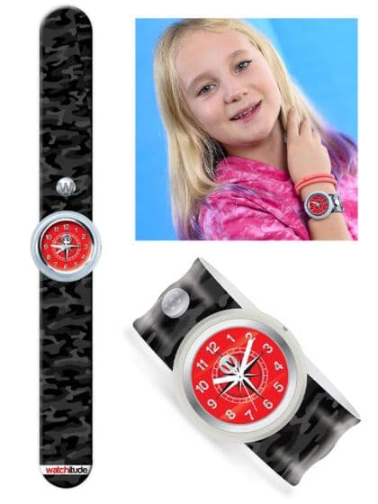 Watchitude Slap Watch - Black Ops armbåndsur - slapwrap svart og rød analog klokke - kamuflasje