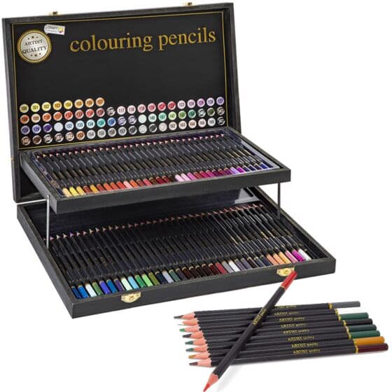 Craft Sensations tegnekoffert i tre med 68 fargeblyanter