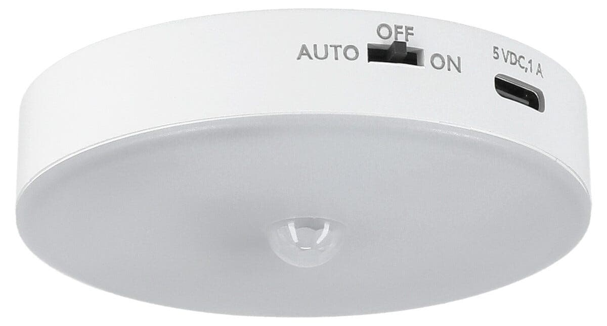 Batteridrevet garderobelampe med sensor, rund, oppladbar