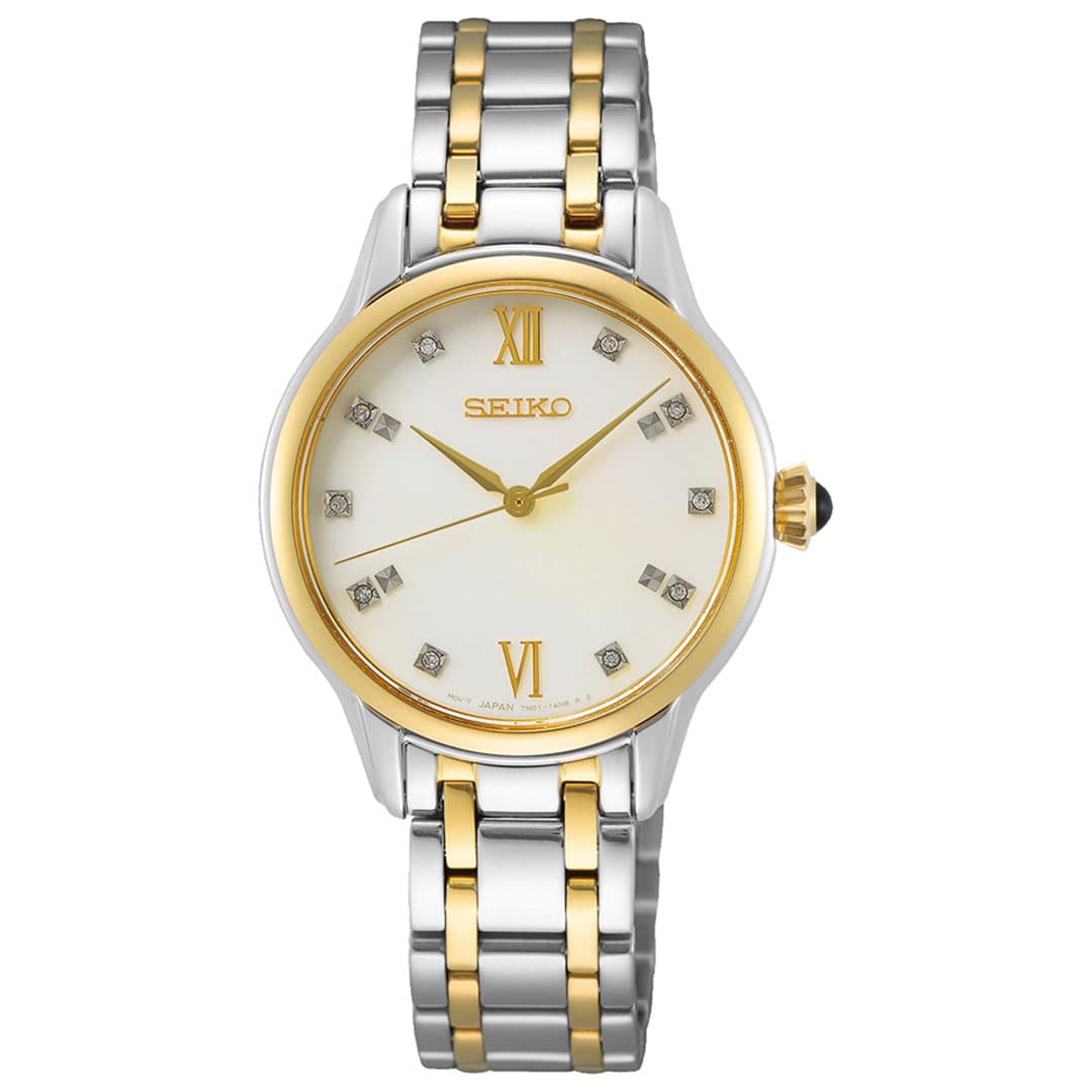 Conceptual dameklokke i stål med diamanter og perlemorskive