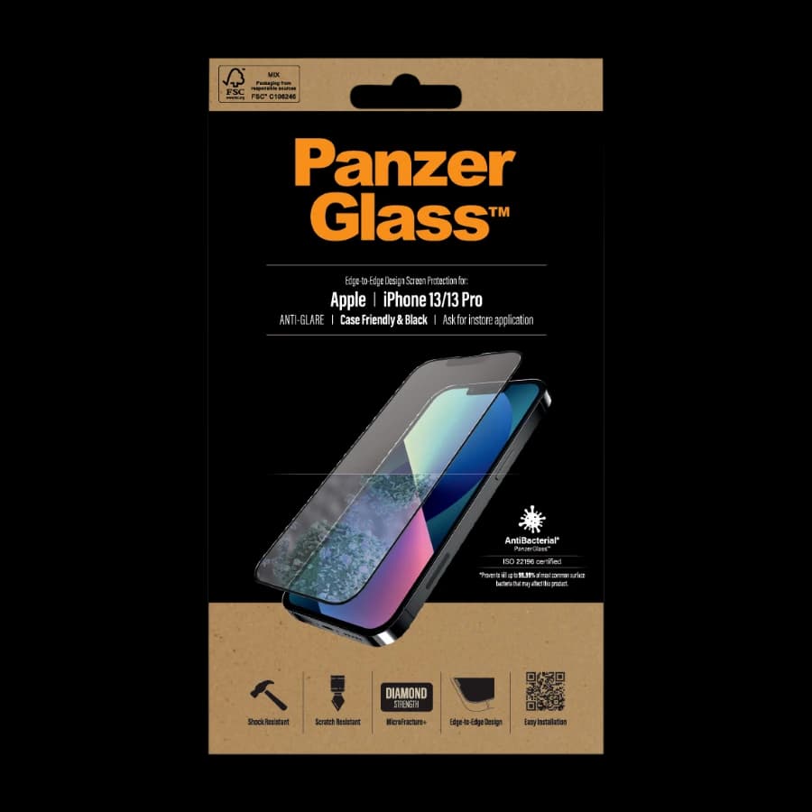 PanzerGlass iPhone 13/13 Pro Case Friendly antibakteriell skjermbeskytter, svart