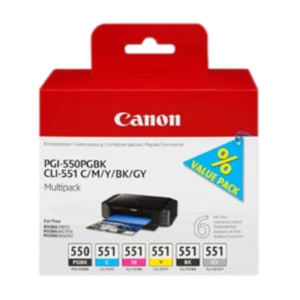 Canon CLI-551C/M/Y/BK/Gy (5 farger) + Pgi-550PGBK (pigmentsort)