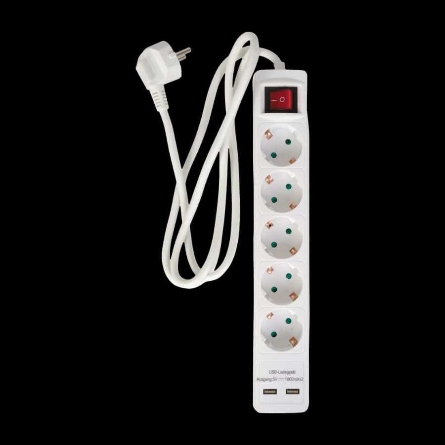 E:ZO 5-Veis skjøteledning med Bryter og 2XUSB, 1,5 m