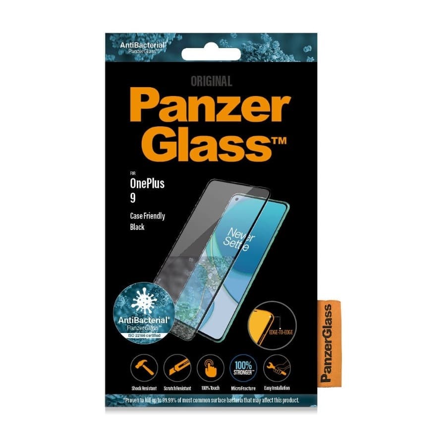 PanzerGlass Oneplus 9 skjermbeskytter Case Friendly, svart antibakteriell