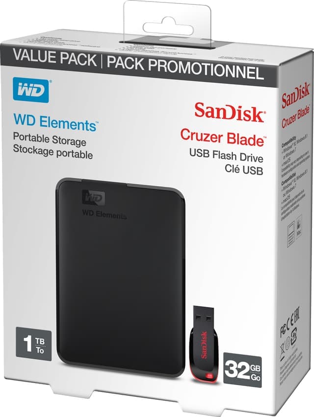 WD Elements 1TB ekstern harddisk + 32 GB USB