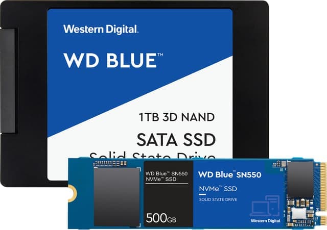 WD Blue 2,5" 1 TB harddisk & WD Blue SN550 500 GB NVMe SSD-lagring