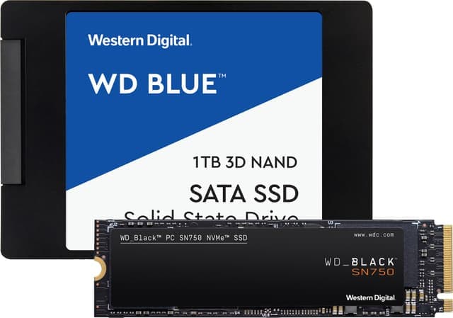 WD Blue 2,5" 1TB SSD & WD Black SN750 1TB NVMe SSD-lagring