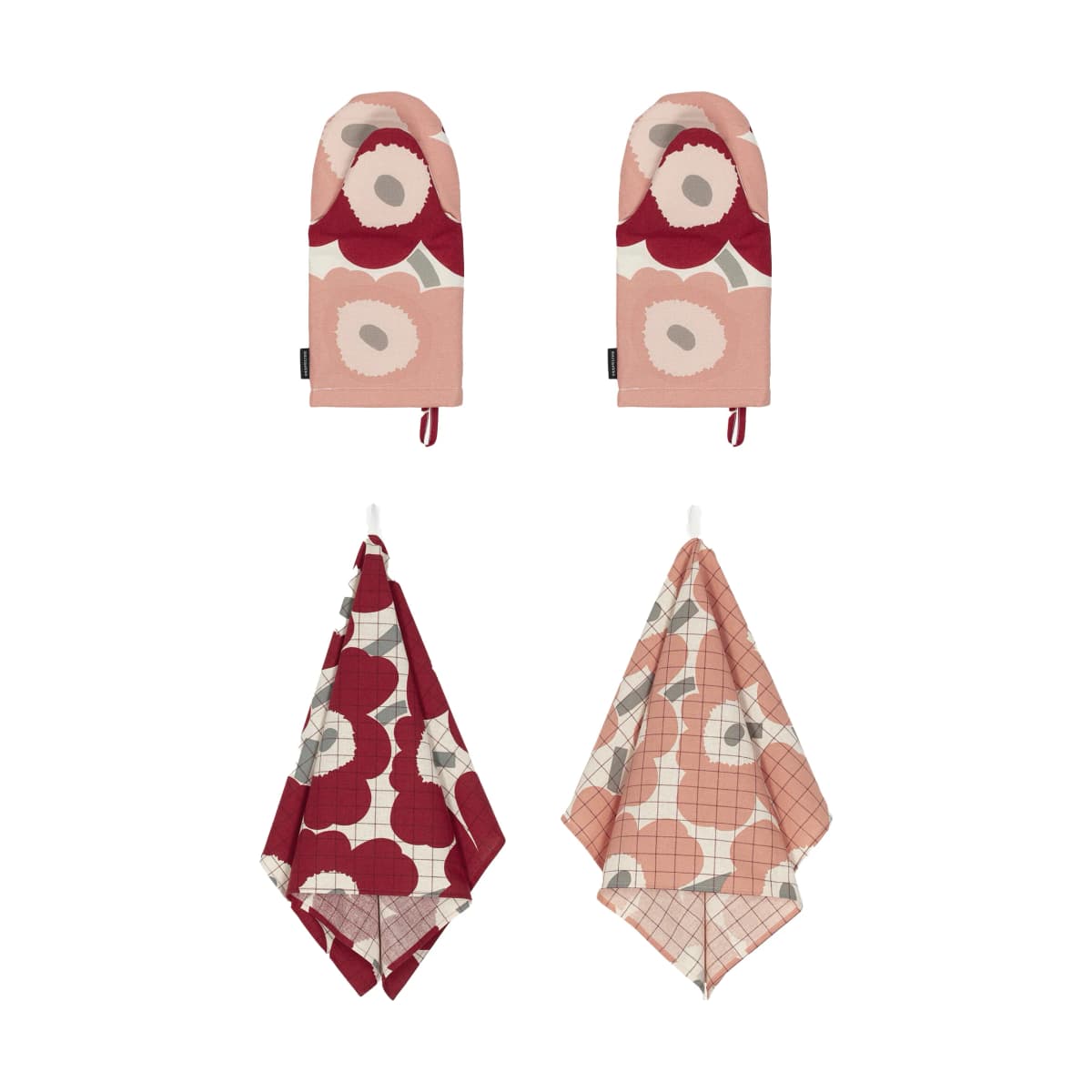 Pieni Unikko kjøkkenhåndkle+grytevott 4 deler, Cotton-dark cherry-rose