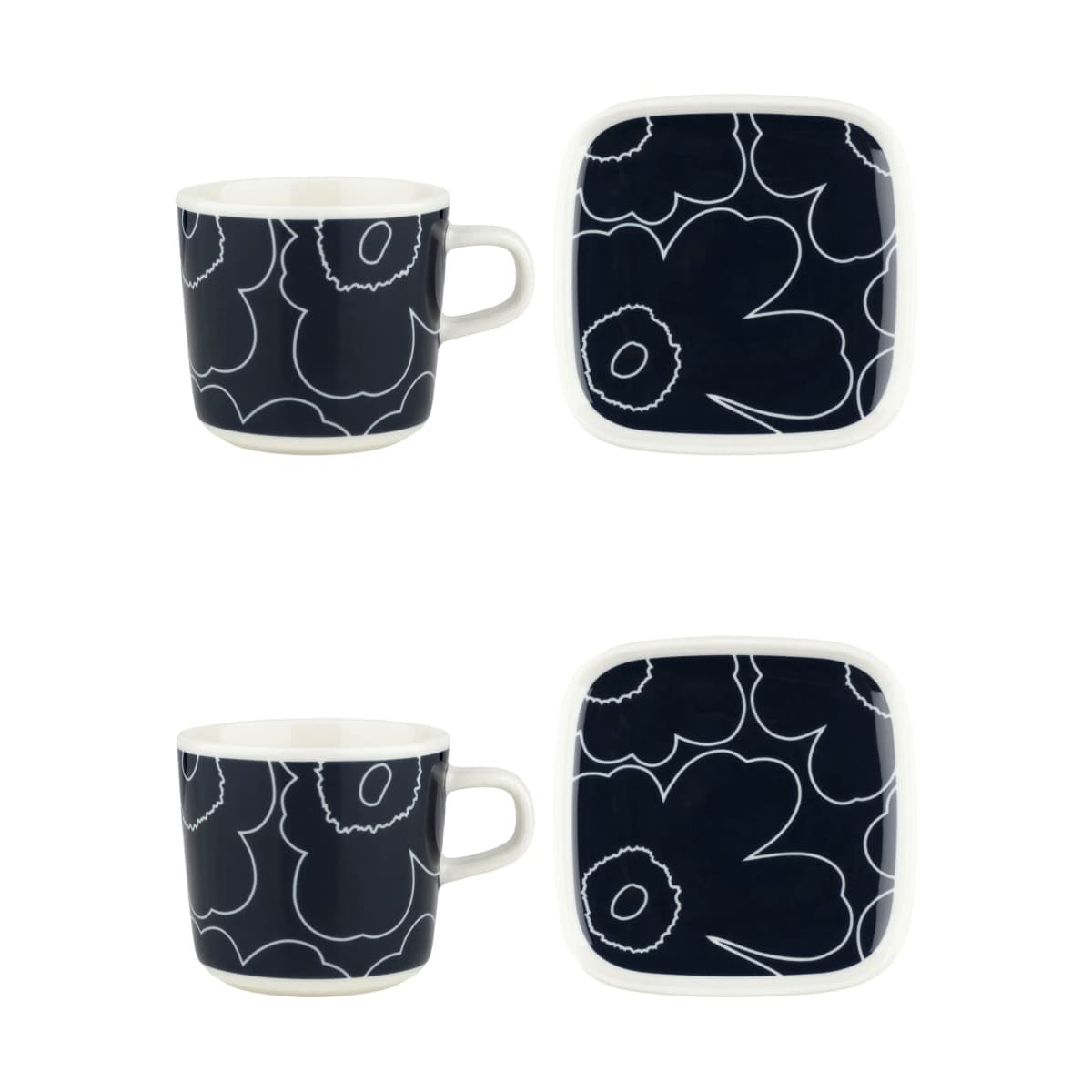 Piirto Unikko kopp og fat sett 20 cl, 4 deler, White-dark blue