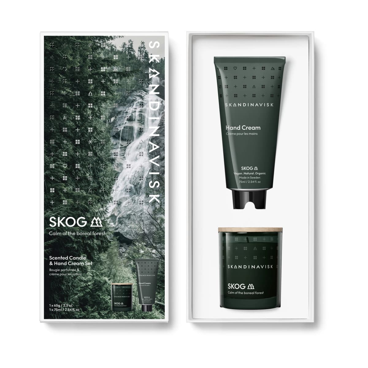 SKOG duftlys & håndkrem, 65 g + 75 ml