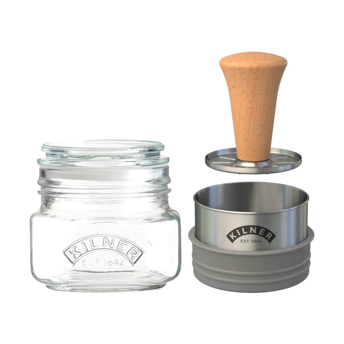 Kilner Mash & Store oppbevaringskrukkesett, Klar-rustfritt stål-tre, 0,5 L