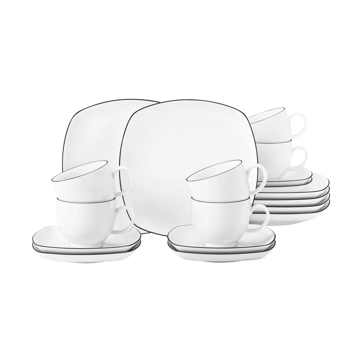 Lido black line kaffeservise kvadratisk 18 deler, Hvit med sort kant