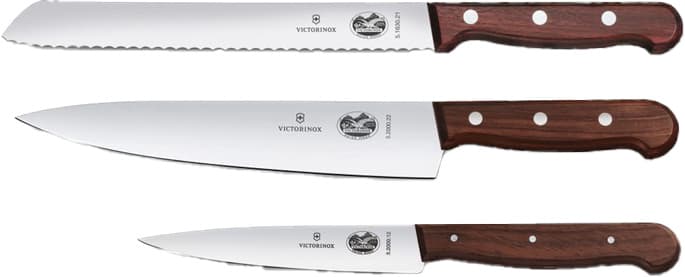 Kokkekniv sett stål og kebony brun