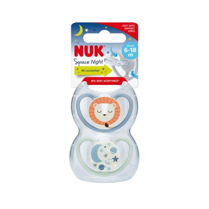 NUK Space Night smokk silikon Løve 6-18 m 2 stk